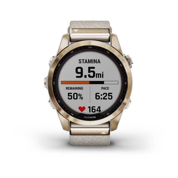 Garmin Fenix ​​7s Sapphire Solar Smartwatch in Titanium, Cream Gold, and Nylon Strap