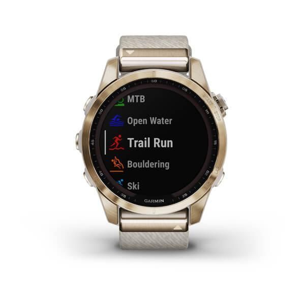 Garmin Fenix ​​7s Sapphire Solar Smartwatch in Titanium, Cream Gold, and Nylon Strap
