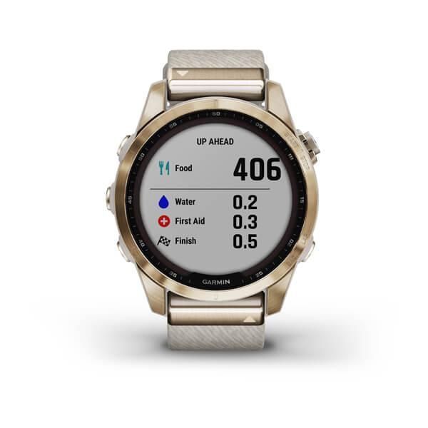 Garmin Fenix ​​7s Sapphire Solar Smartwatch in Titanium, Cream Gold, and Nylon Strap
