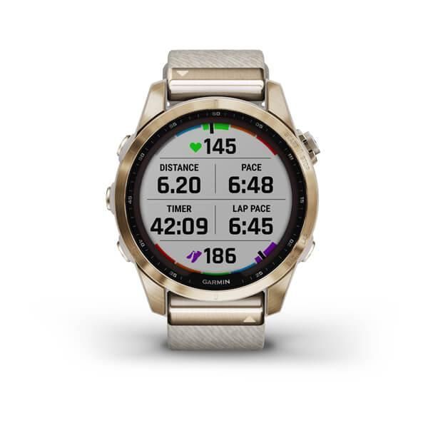Garmin Fenix ​​7s Sapphire Solar Smartwatch in Titanium, Cream Gold, and Nylon Strap