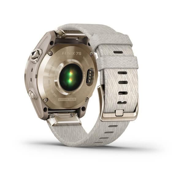 Garmin Fenix ​​7s Sapphire Solar Smartwatch in Titanium, Cream Gold, and Nylon Strap