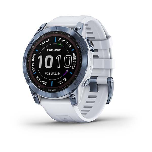Смарт-годинник Garmin Fenix ​​7 Sapphire Solar титанові синій мінерал DLC з білим ремінцем