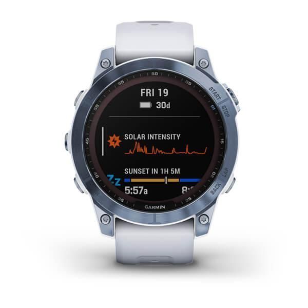 Смарт-годинник Garmin Fenix ​​7 Sapphire Solar титанові синій мінерал DLC з білим ремінцем