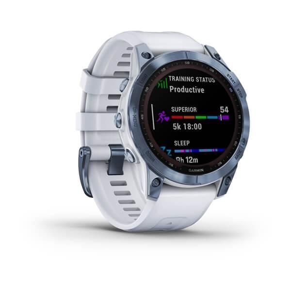 Смарт-годинник Garmin Fenix ​​7 Sapphire Solar титанові синій мінерал DLC з білим ремінцем
