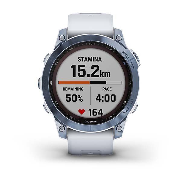 Смарт-годинник Garmin Fenix ​​7 Sapphire Solar титанові синій мінерал DLC з білим ремінцем