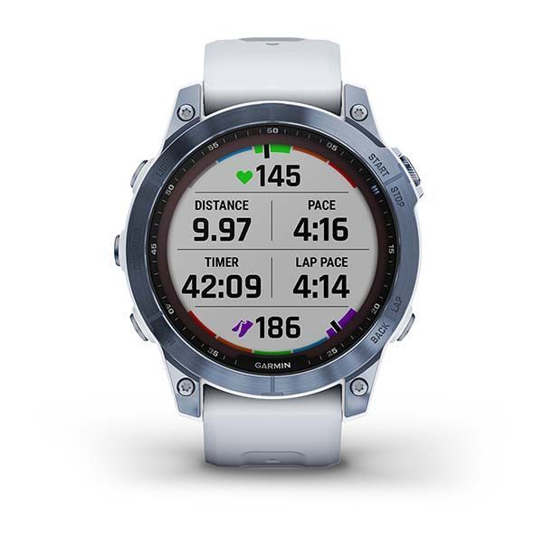 Смарт-годинник Garmin Fenix ​​7 Sapphire Solar титанові синій мінерал DLC з білим ремінцем
