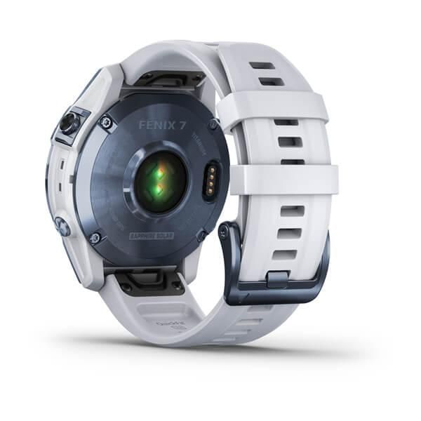 Смарт-годинник Garmin Fenix ​​7 Sapphire Solar титанові синій мінерал DLC з білим ремінцем