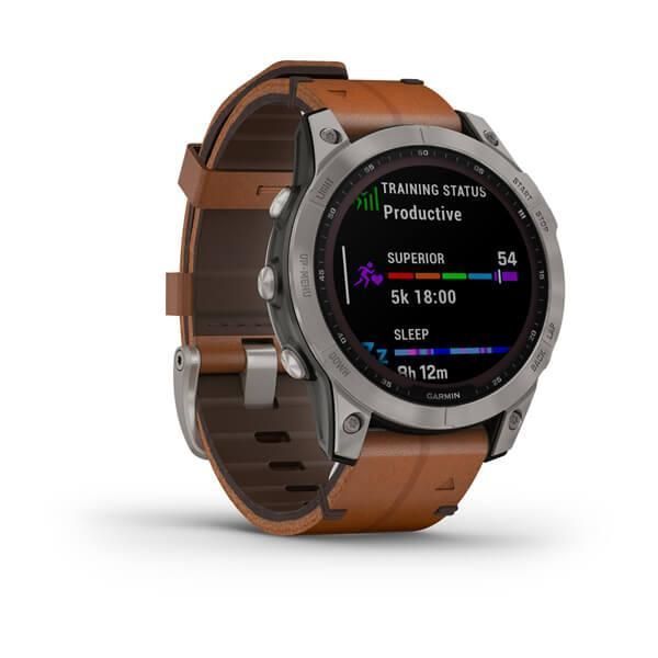 Garmin Fenix ​​7 Sapphire Solar Smartwatch in Titanium Gray with Brown Leather Strap