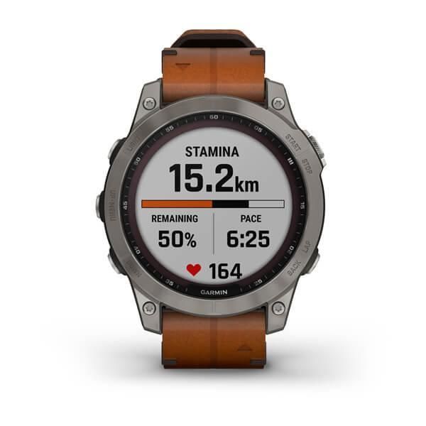 Garmin Fenix ​​7 Sapphire Solar Smartwatch in Titanium Gray with Brown Leather Strap