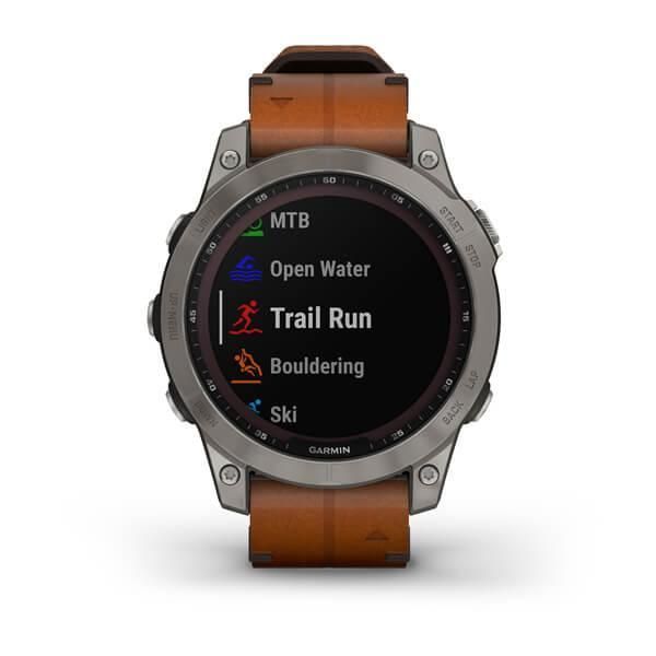 Garmin Fenix ​​7 Sapphire Solar Smartwatch in Titanium Gray with Brown Leather Strap