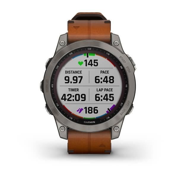 Garmin Fenix ​​7 Sapphire Solar Smartwatch in Titanium Gray with Brown Leather Strap