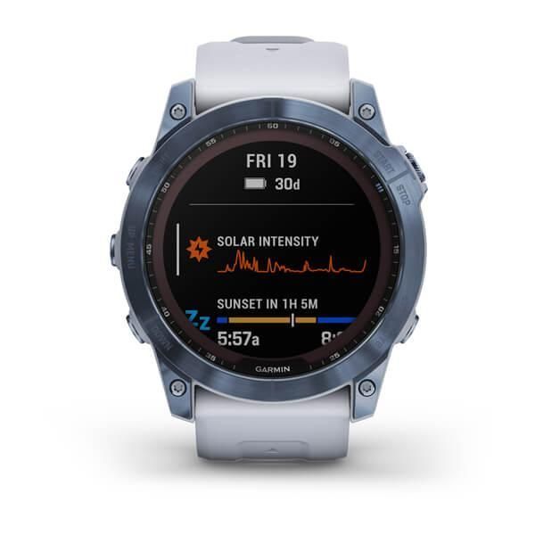 Смарт-годинник Garmin Fenix ​​7X Sapphire Solar титанові DLC кольори синій мінерал з білим ремінцем