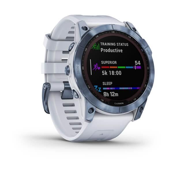 Смарт-годинник Garmin Fenix ​​7X Sapphire Solar титанові DLC кольори синій мінерал з білим ремінцем