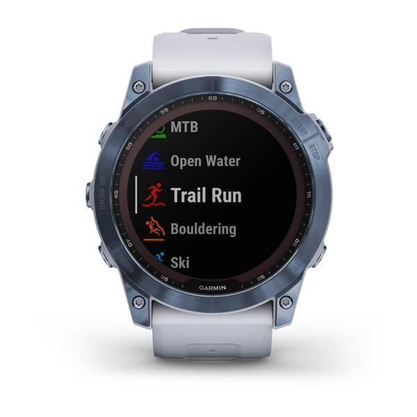 Смарт-годинник Garmin Fenix ​​7X Sapphire Solar титанові DLC кольори синій мінерал з білим ремінцем
