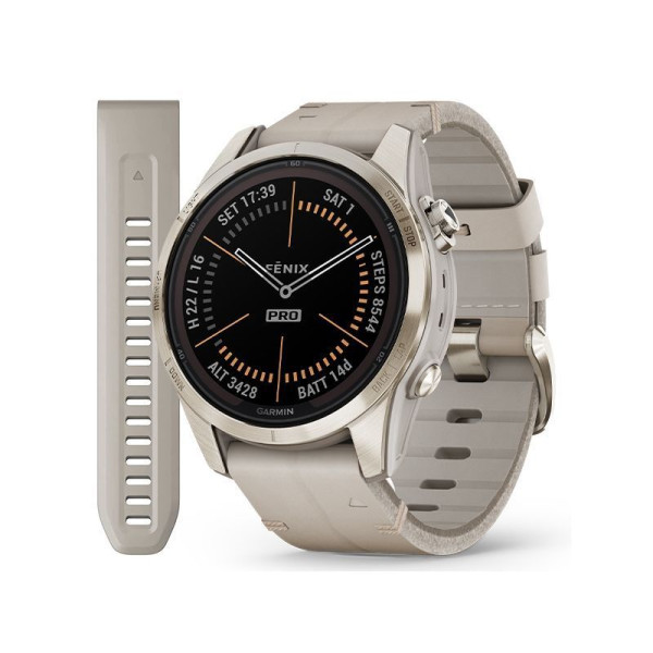 Смарт-годинник Garmin Fenix ​​7S Pro - Sapphire Solar Edition - ніжно-золотисті зі шкіряним ремінцем пісочного кольору