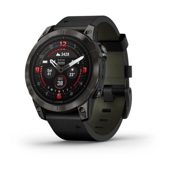 Смарт-годинник Garmin Epix Pro (Gen 2) - Sapphire Edition 47 mm - темно-сірий титан DLC Carbon зі шкіряним ремінцем