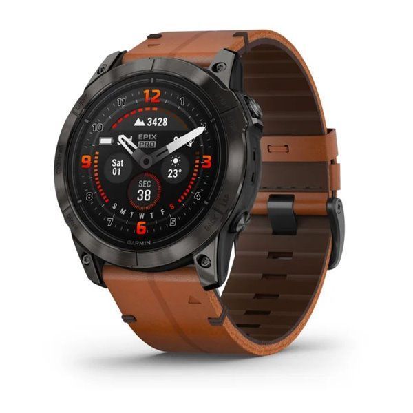 Смарт-годинник Garmin Epix Pro (Gen 2) - Sapphire Edition 51 mm - титан DLC Carbon із каштановим шкіряним ремінцем