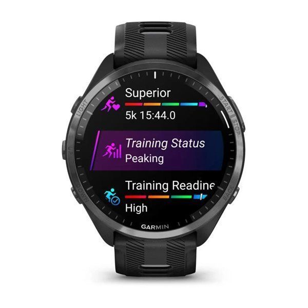 Смарт-годинник Garmin Forerunner 965 з карбоново-сірим титановим безелем, чорним корпусом та чорно-сірим силіконовим ремінцем
