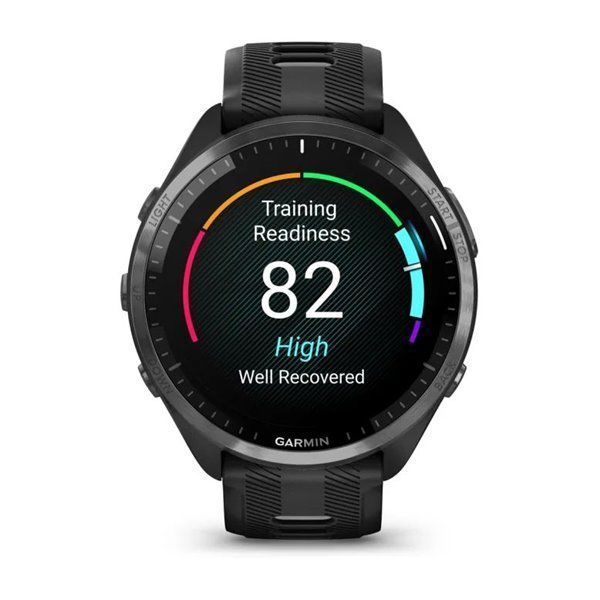 Смарт-годинник Garmin Forerunner 965 з карбоново-сірим титановим безелем, чорним корпусом та чорно-сірим силіконовим ремінцем