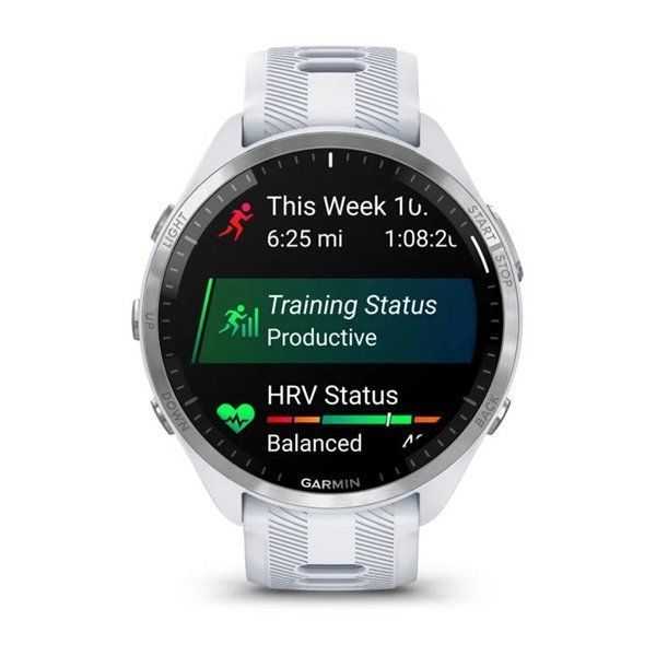 Garmin Forerunner 965 smartwatch with a titanium bezel, white case, and white and gray silicone strap