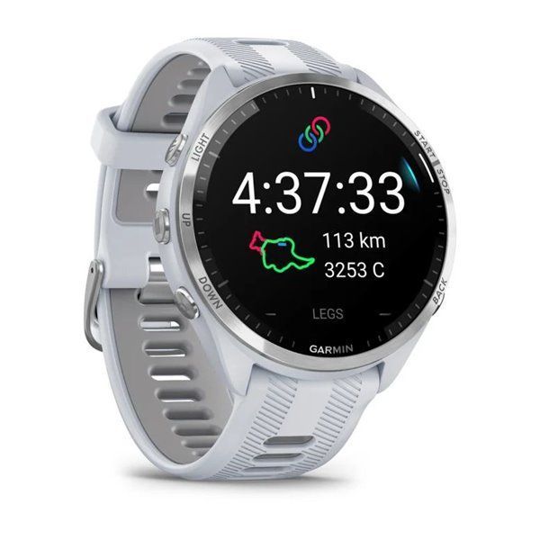 Garmin Forerunner 965 smartwatch with a titanium bezel, white case, and white and gray silicone strap