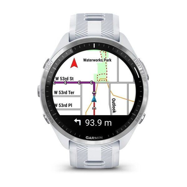 Garmin Forerunner 965 smartwatch with a titanium bezel, white case, and white and gray silicone strap