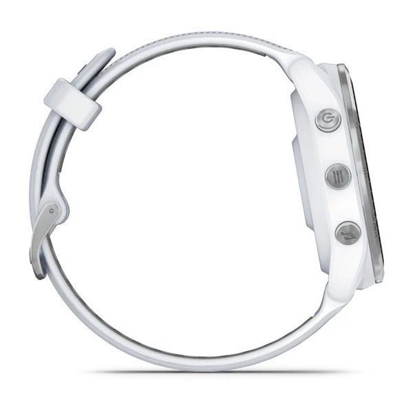 Garmin Forerunner 965 smartwatch with a titanium bezel, white case, and white and gray silicone strap