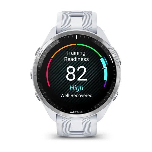 Garmin Forerunner 965 smartwatch with a titanium bezel, white case, and white and gray silicone strap