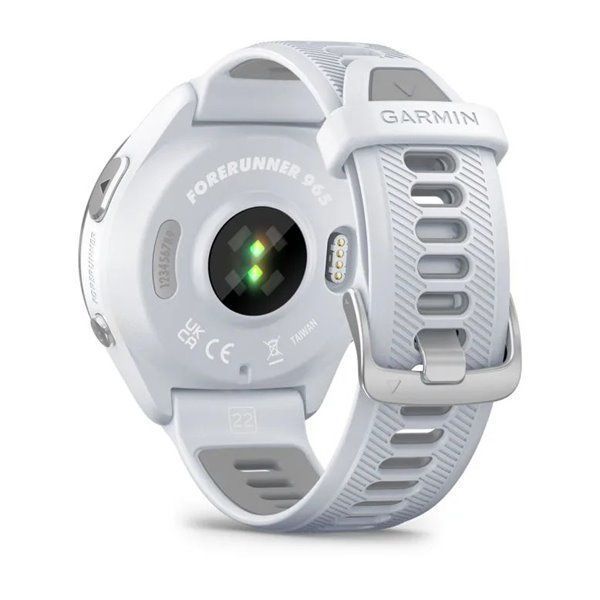 Garmin Forerunner 965 smartwatch with a titanium bezel, white case, and white and gray silicone strap