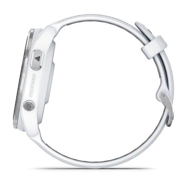 Garmin Forerunner 965 smartwatch with a titanium bezel, white case, and white and gray silicone strap