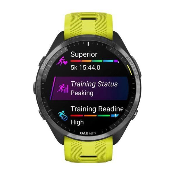 Смарт-годинник Garmin Forerunner 965 з карбоново-сірим титановим безелем, чорним корпусом та жовтим силіконовим ремінцем