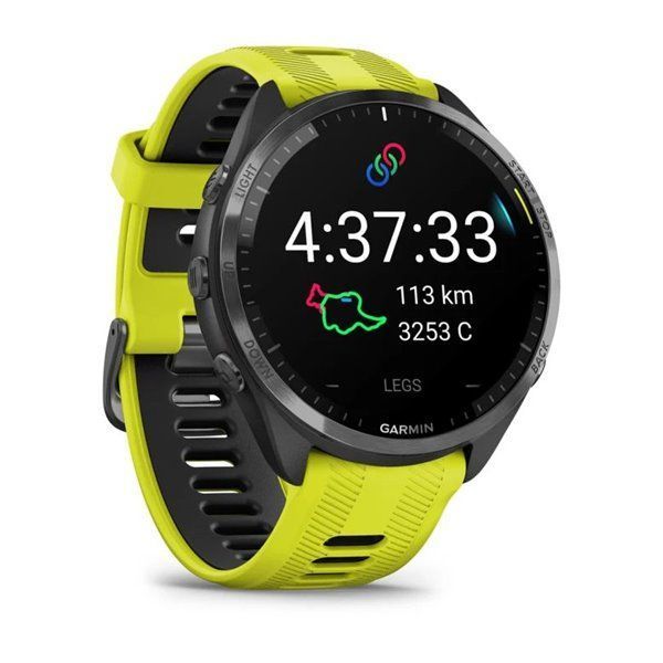 Смарт-годинник Garmin Forerunner 965 з карбоново-сірим титановим безелем, чорним корпусом та жовтим силіконовим ремінцем