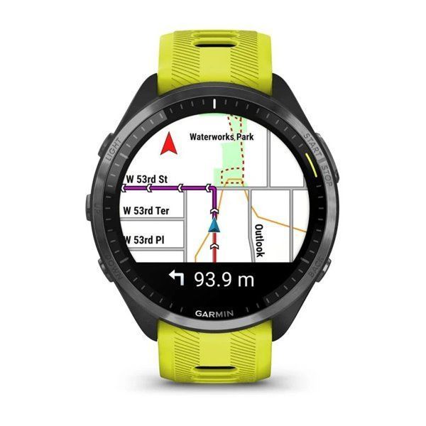 Смарт-годинник Garmin Forerunner 965 з карбоново-сірим титановим безелем, чорним корпусом та жовтим силіконовим ремінцем