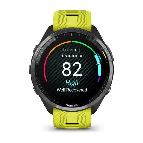 Смарт-годинник Garmin Forerunner 965 з карбоново-сірим титановим безелем, чорним корпусом та жовтим силіконовим ремінцем
