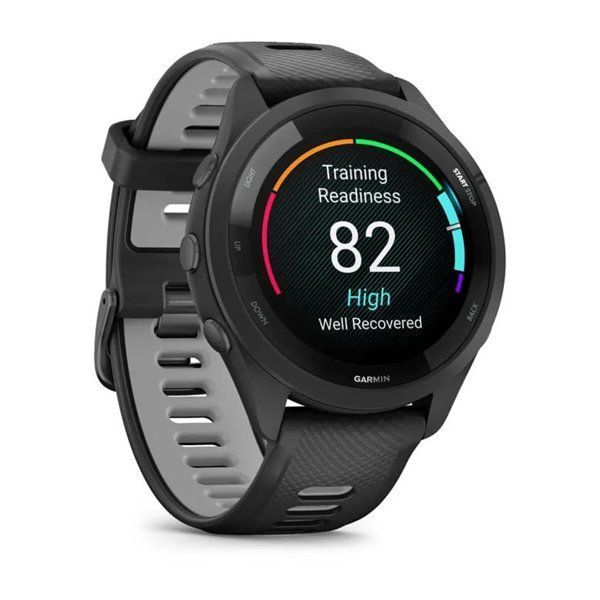 Смарт-годинник Garmin Forerunner 265 з чорними безелем та корпусом та чорно-сірим силіконовим ремінцем