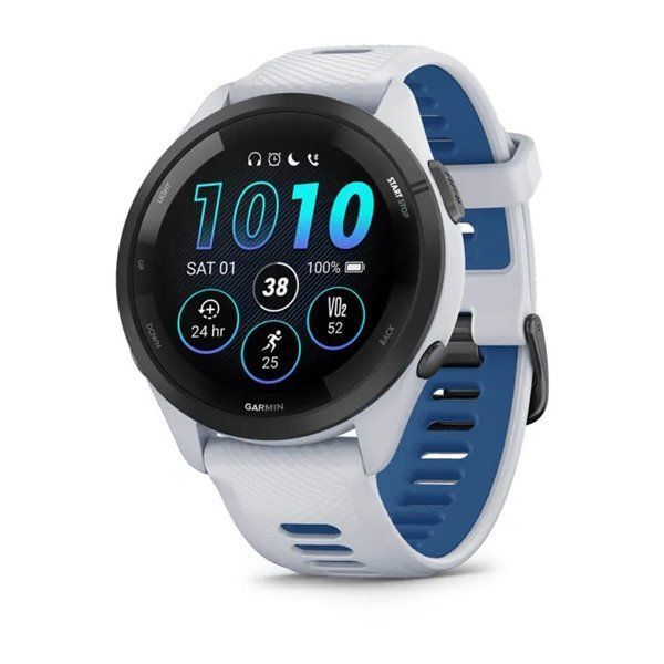Garmin Forerunner 265 smartwatch with a black bezel, white case, and white and blue silicone strap
