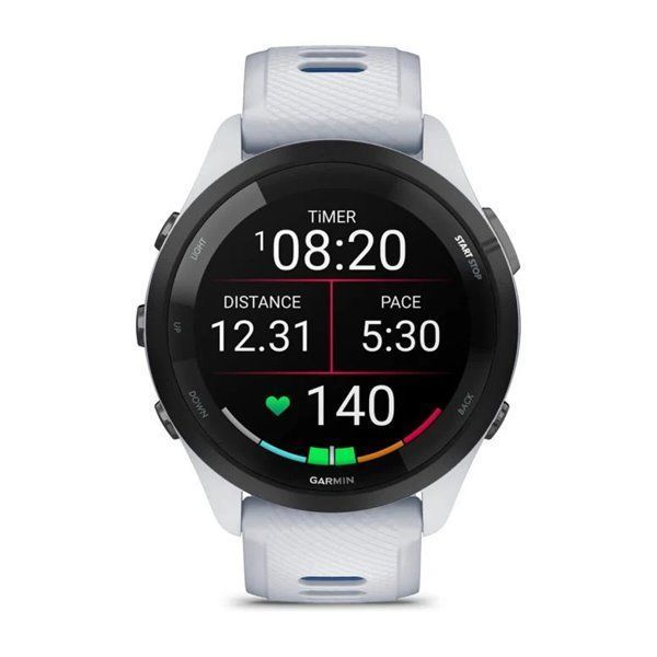 Garmin Forerunner 265 smartwatch with a black bezel, white case, and white and blue silicone strap