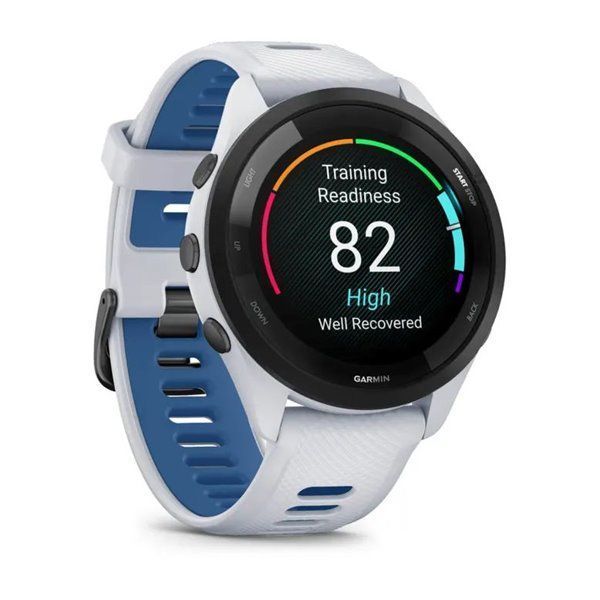 Garmin Forerunner 265 smartwatch with a black bezel, white case, and white and blue silicone strap