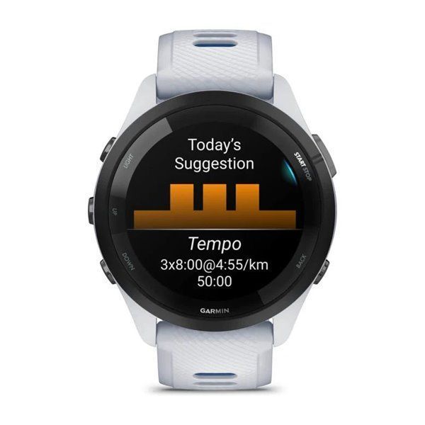 Garmin Forerunner 265 smartwatch with a black bezel, white case, and white and blue silicone strap