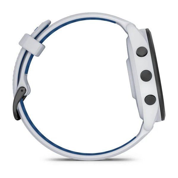 Garmin Forerunner 265 smartwatch with a black bezel, white case, and white and blue silicone strap