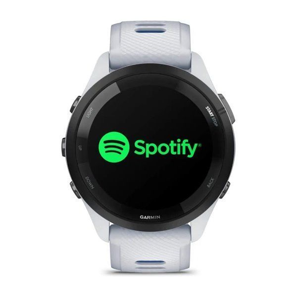 Garmin Forerunner 265 smartwatch with a black bezel, white case, and white and blue silicone strap