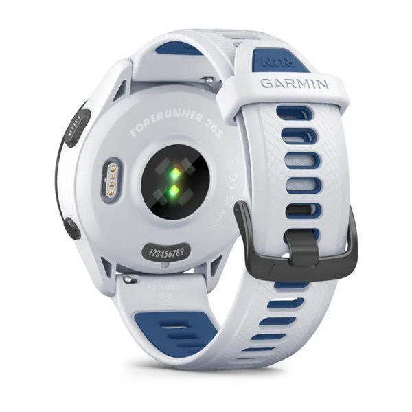 Garmin Forerunner 265 smartwatch with a black bezel, white case, and white and blue silicone strap