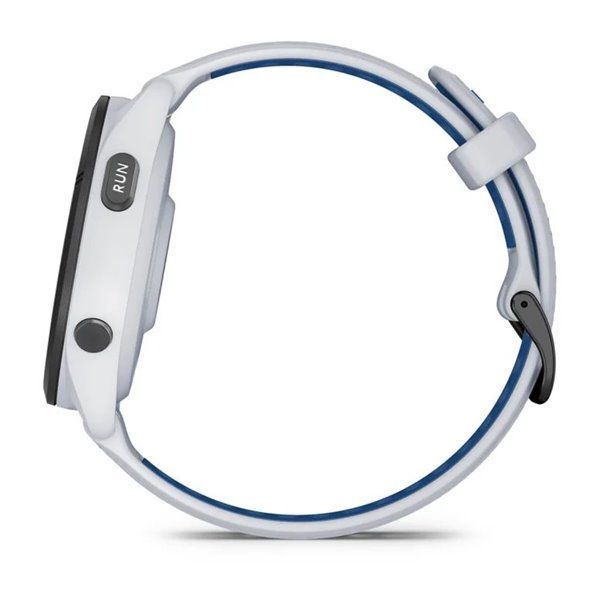 Garmin Forerunner 265 smartwatch with a black bezel, white case, and white and blue silicone strap