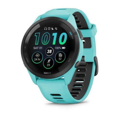 Garmin Forerunner 265 smartwatch with a black bezel, aqua case, and aqua-black silicone strap