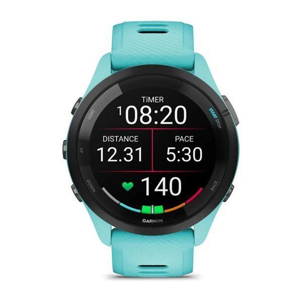 Смарт-годинник Garmin Forerunner 265 з чорним безелем, корпусом кольору аква та аква-чорним силіконовим ремінцем