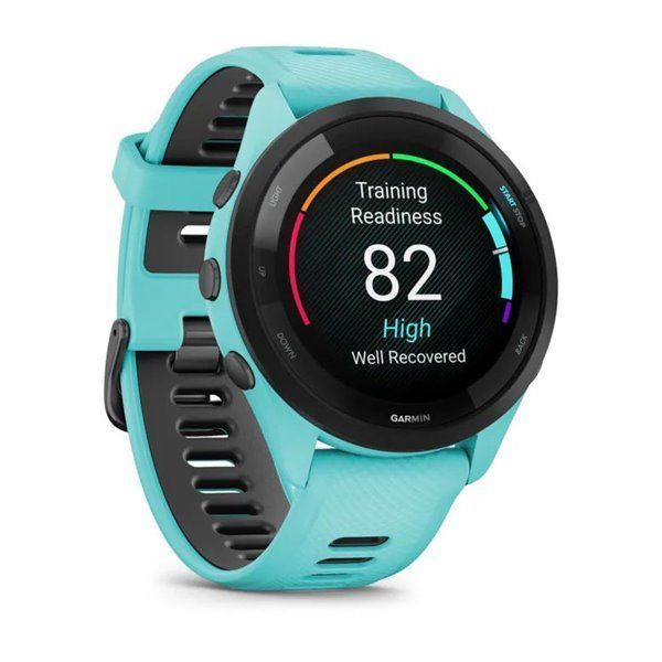 Смарт-годинник Garmin Forerunner 265 з чорним безелем, корпусом кольору аква та аква-чорним силіконовим ремінцем
