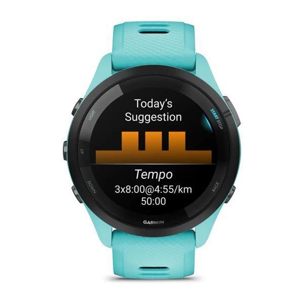 Смарт-годинник Garmin Forerunner 265 з чорним безелем, корпусом кольору аква та аква-чорним силіконовим ремінцем
