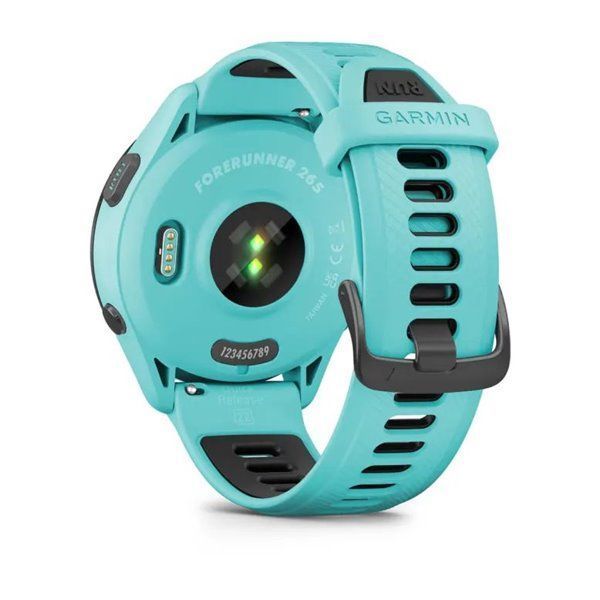 Смарт-годинник Garmin Forerunner 265 з чорним безелем, корпусом кольору аква та аква-чорним силіконовим ремінцем