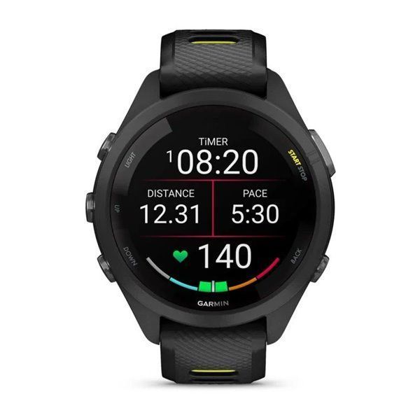 Смарт-годинник Garmin Forerunner 265s з чорним корпусом та чорно-жовтим силіконовим ремінцем