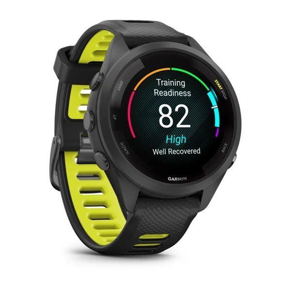 Смарт-годинник Garmin Forerunner 265s з чорним корпусом та чорно-жовтим силіконовим ремінцем